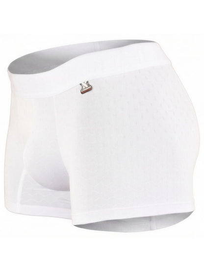 White Xtremen microfiber boxer briefs by CITYBOYZ★USA, featuring a close-up of the snug fit and soft fabric.