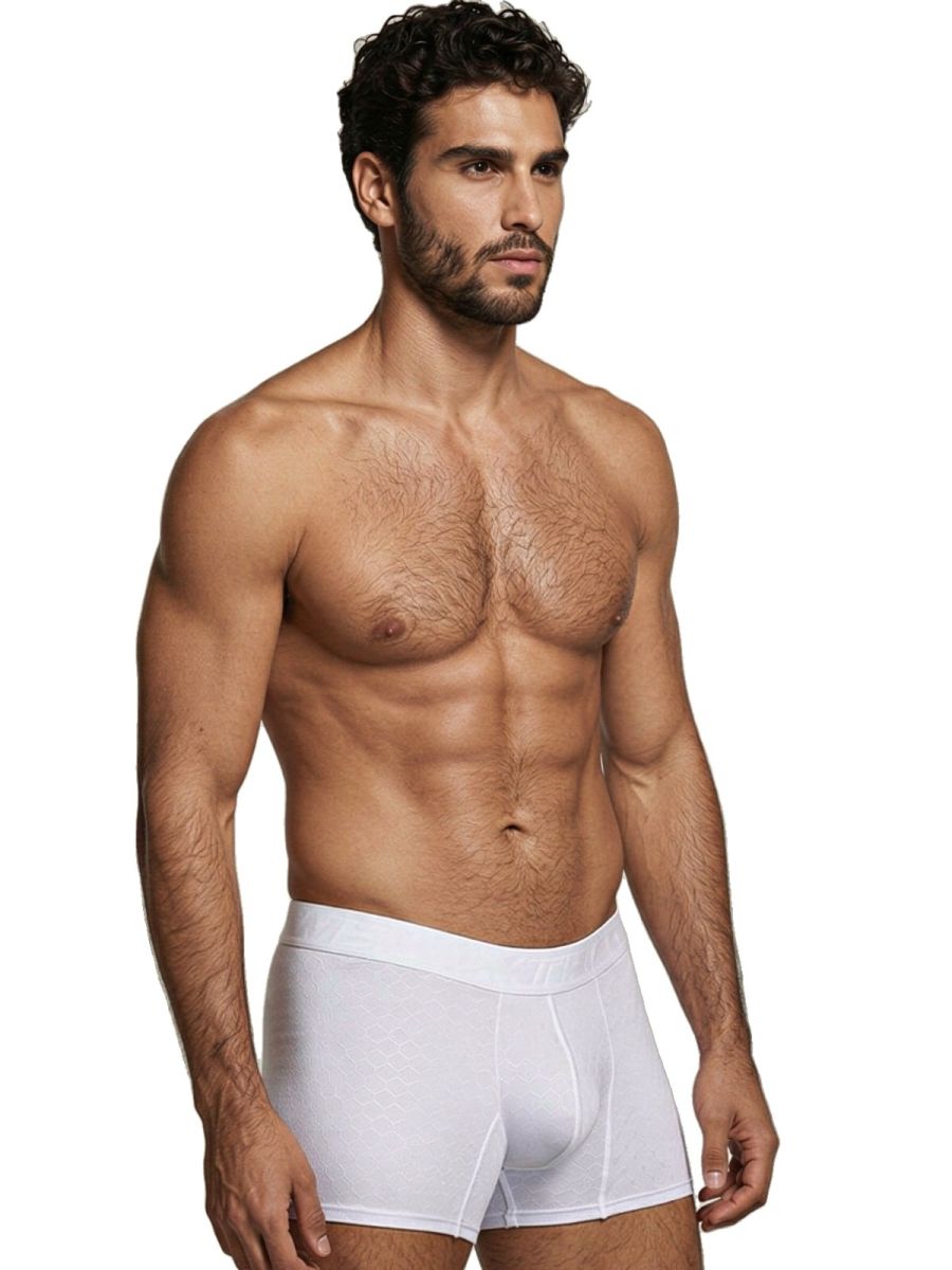 White Xtremen microfiber boxer brief by CITYBOYZ USA displayed on a model, showing its snug fit and smooth fabric.