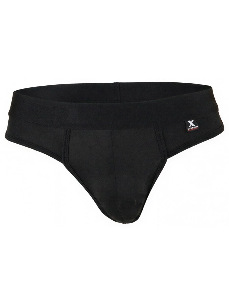 Black Xtremen microfiber thong by CITYBOYZ★USA, featuring sleek fabric and minimal design, displayed on a neutral background.