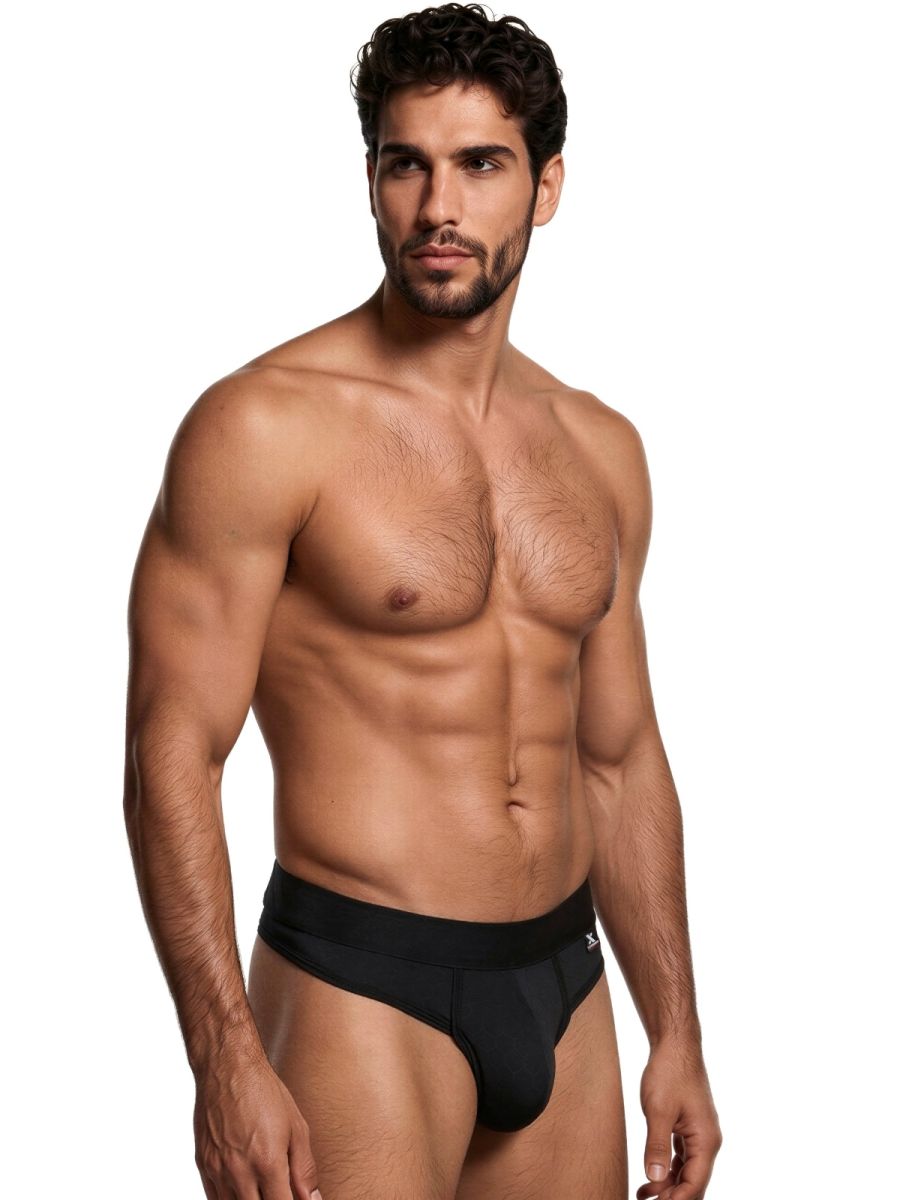 Black Xtremen microfiber thong from CITYBOYZ★USA featuring sleek design and comfortable fit, shown on a plain background.