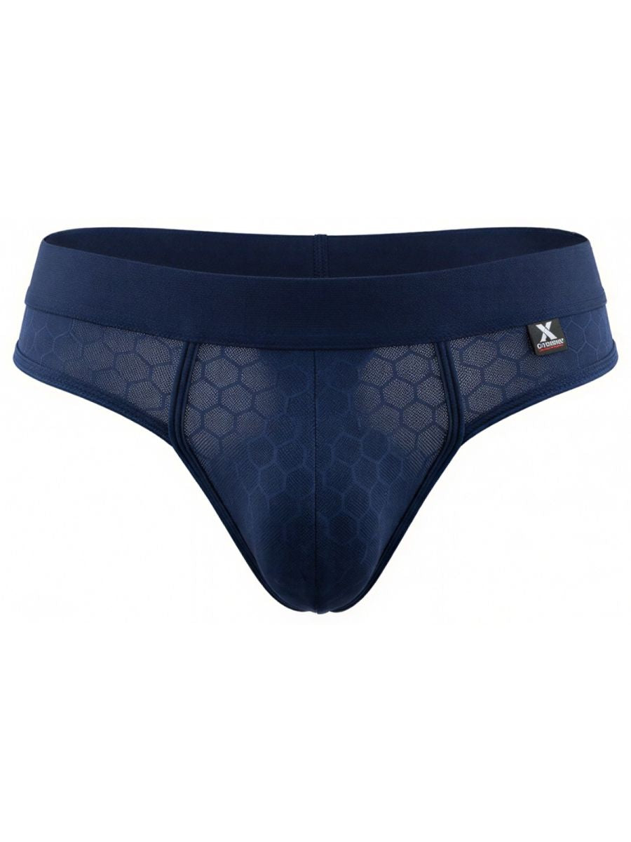 Dark blue Xtremen microfiber thong by CITYBOYZ USA, featuring sleek design and comfortable fit, shown on a model.