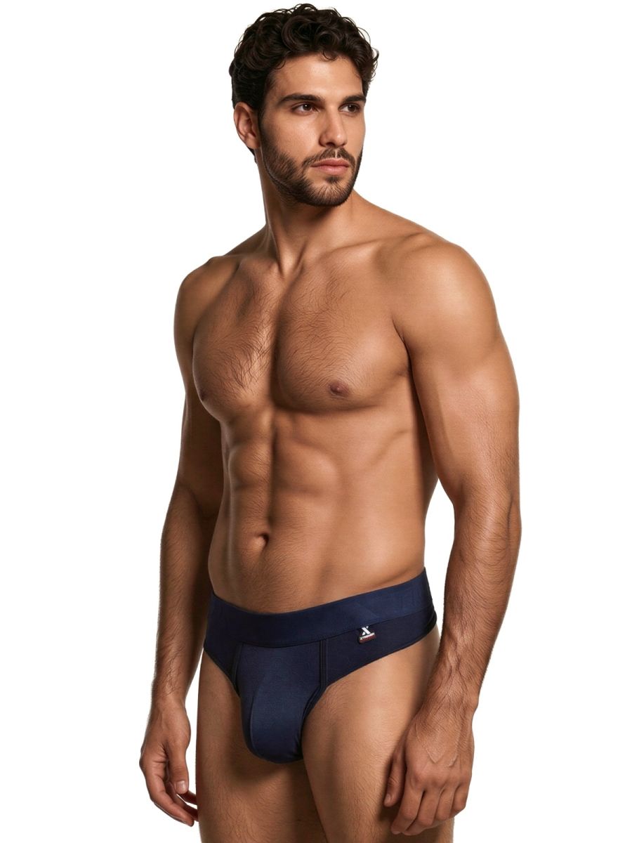 Dark blue Xtremen microfiber thong by CITYBOYZ★USA, showing its sleek fit and minimal design on a smooth fabric background.
