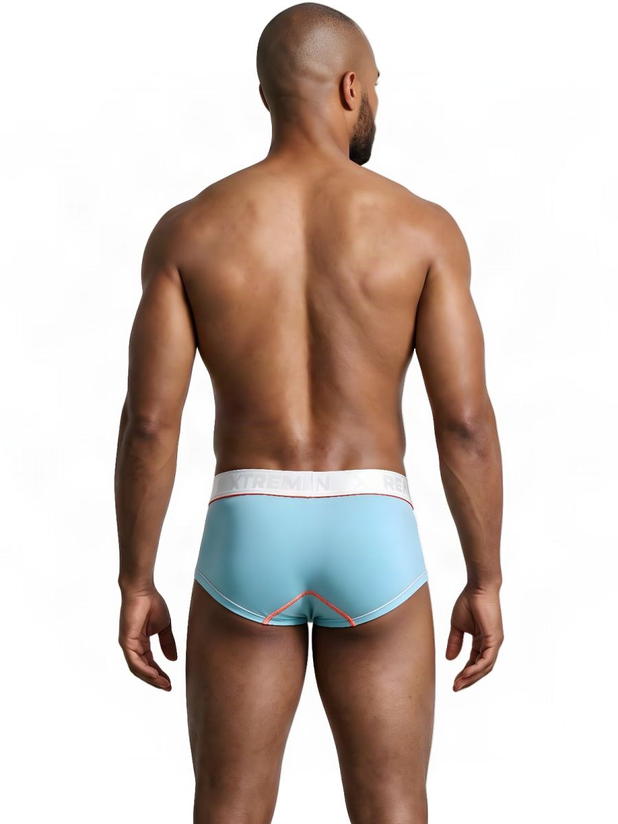 Light blue Xtremen microfiber trunk by CITYBOYZ★USA, showing the close-up of the comfortable, fitted waistband and smooth fabric.