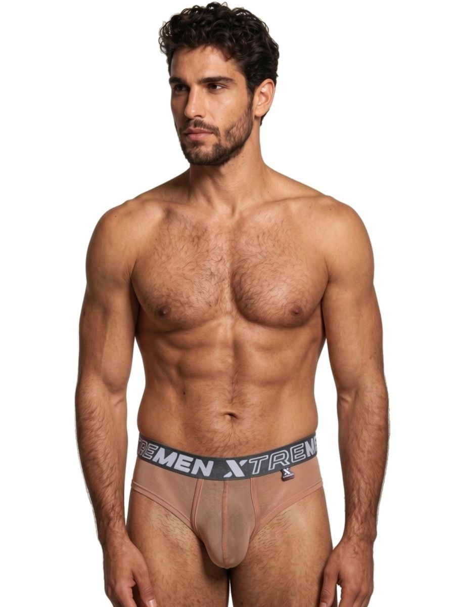 CityBoyz USA Xtremen microfiber mesh brief in brown, featuring breathable fabric and a snug fit, shown from the front view.