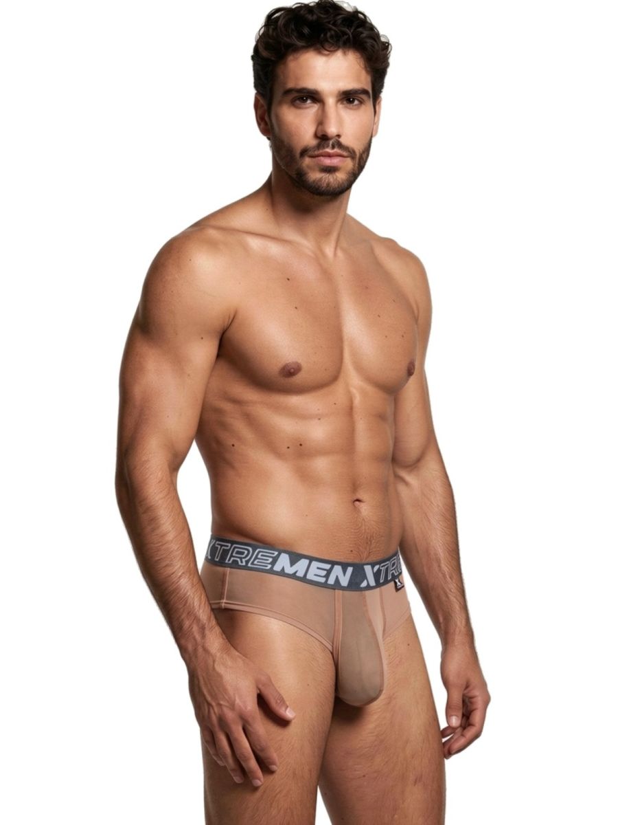 Brown Xtremen microfiber mesh brief by CITYBOYZ USA featuring a snug fit and breathable design, displayed on a model.