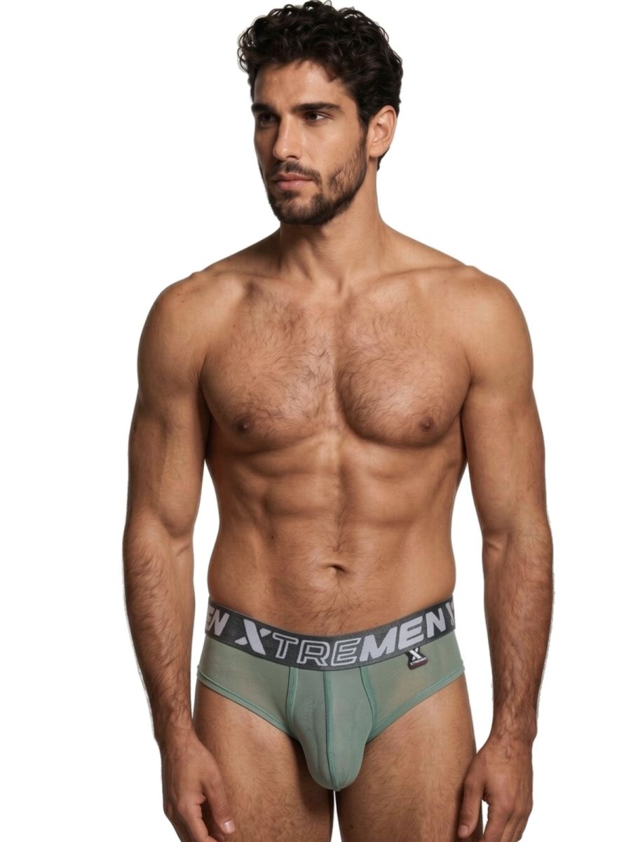 Green Xtremen Microfiber Mesh Brief by CITYBOYZ★USA, showing a close-up of the lightweight, breathable underwear fabric.