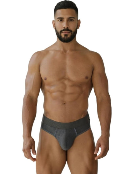 Gray Xtremen microfiber mesh thong by CITYBOYZ USA, featuring a sleek, lightweight design and minimal coverage.