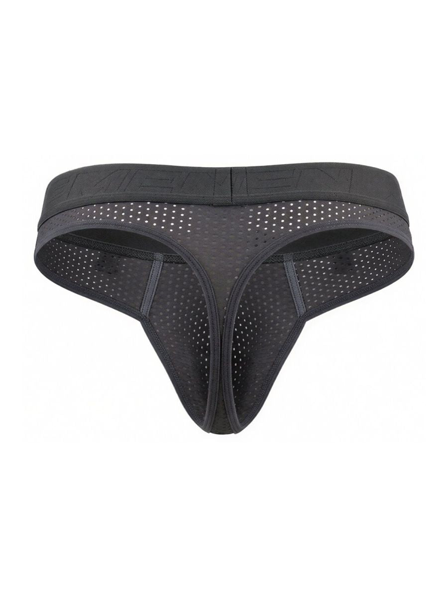 Gray Xtremen microfiber mesh thong by CITYBOYZ★USA, featuring sleek design and breathable fabric, displayed on a neutral background.