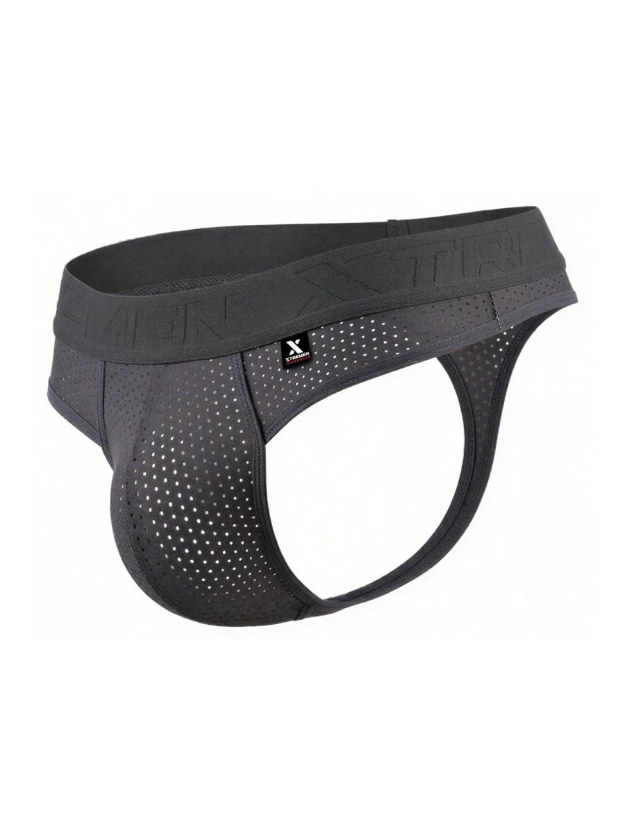 Gray Xtremen microfiber mesh thong by CITYBOYZ USA, featuring a slim fit and breathable fabric with minimal coverage.