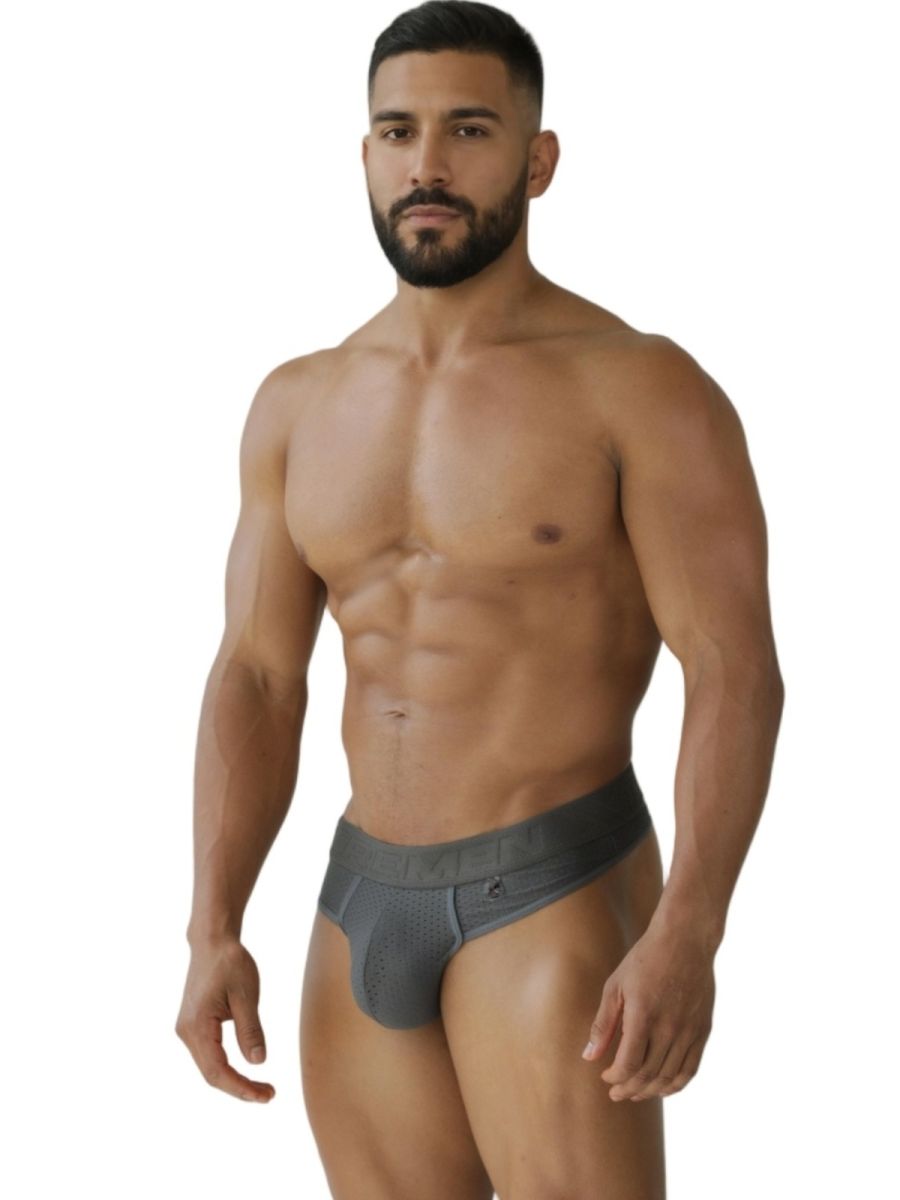 Gray Xtremen microfiber mesh thong by CITYBOYZ USA, featuring a sleek, lightweight design with fine mesh fabric and minimal coverage.