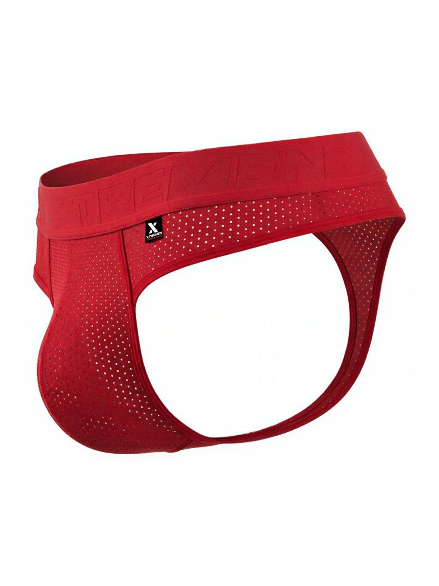 Red Xtremen microfiber mesh thong by CITYBOYZ★USA, featuring a sleek fit and breathable fabric, shown on a model.