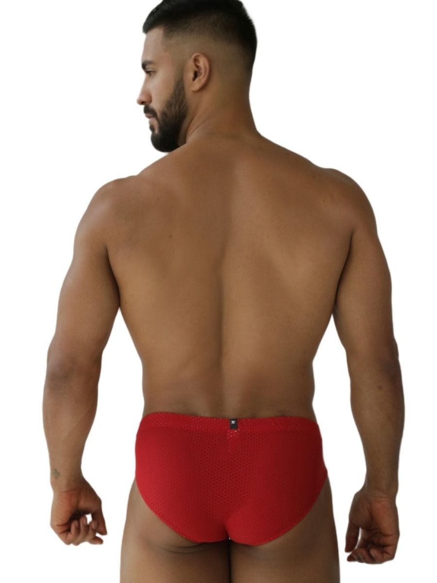 Red Xtremen microfiber mesh brief by CITYBOYZ★USA, showcasing the snug fit and breathable design with a comfortable waistband.
