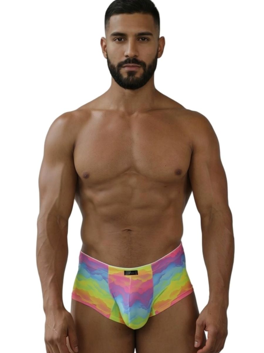 Rainbow printed microfiber brief by CITYBOYZ★USA featuring colorful cloud design and snug fit in a comfortable men's underwear style.