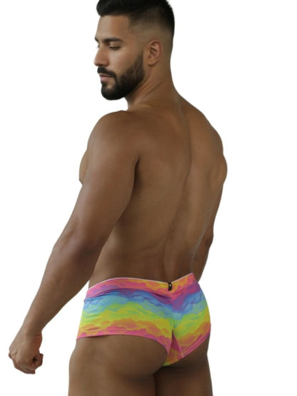 Colorful rainbow printed microfiber brief by CITYBOYZ★USA, featuring a snug fit and vibrant design.