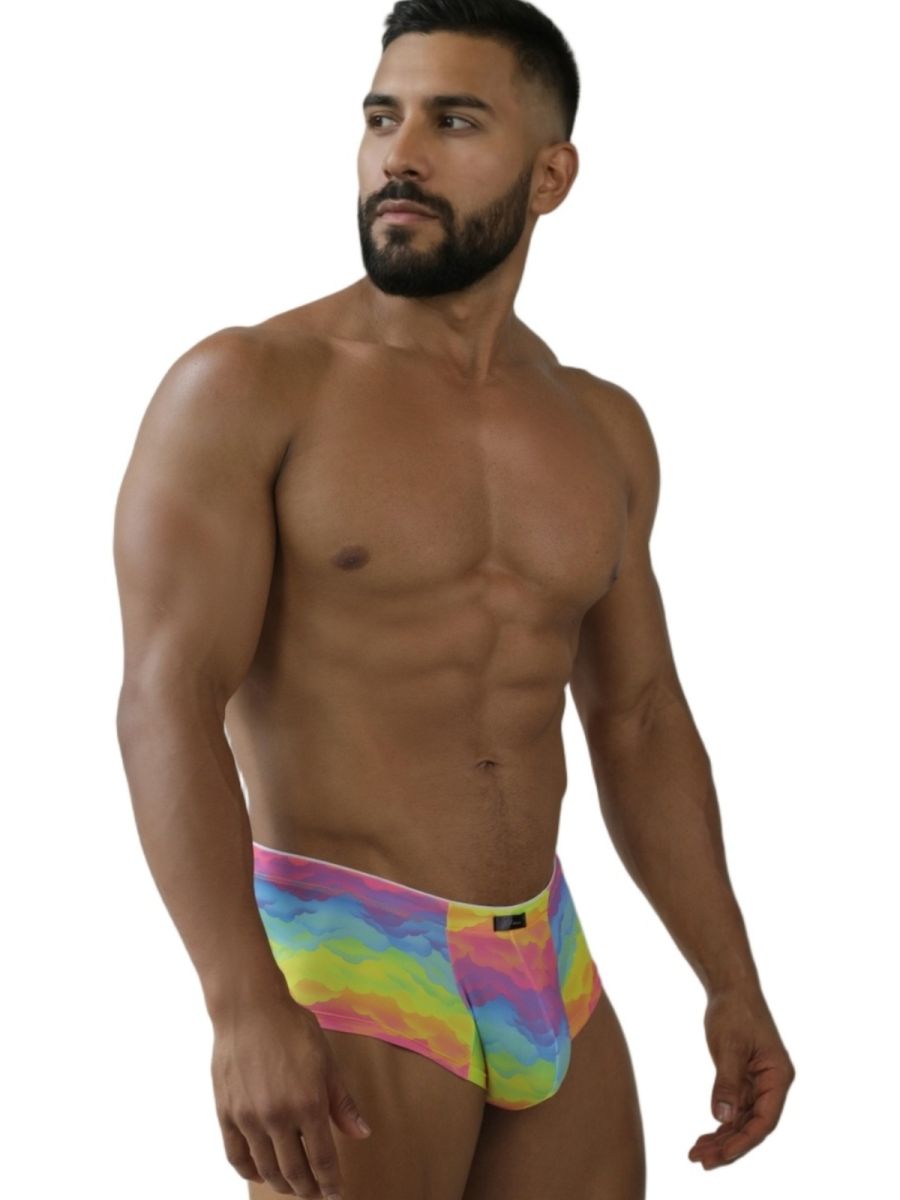 Rainbow printed microfiber brief by CITYBOYZ★USA, featuring colorful cloud pattern and comfortable fit, designed for everyday wear.