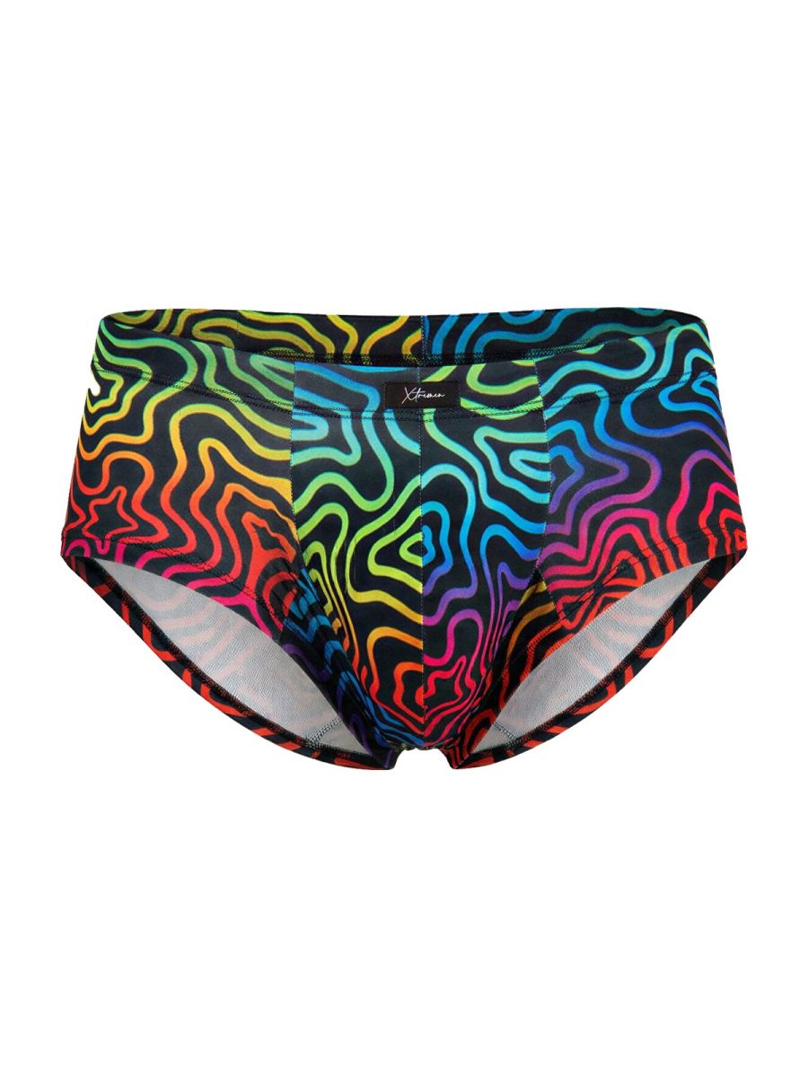 Rainbow printed microfiber brief by CITYBOYZ★USA featuring vibrant labyrinth design and snug fit.