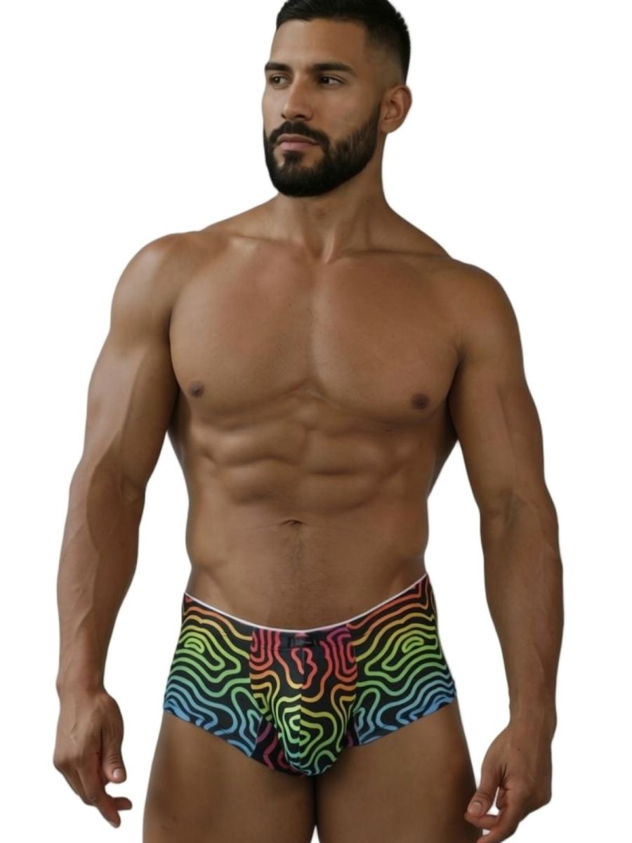 Rainbow printed microfiber brief by CITYBOYZ USA, featuring colorful labyrinth design and snug fit for comfortable wear.