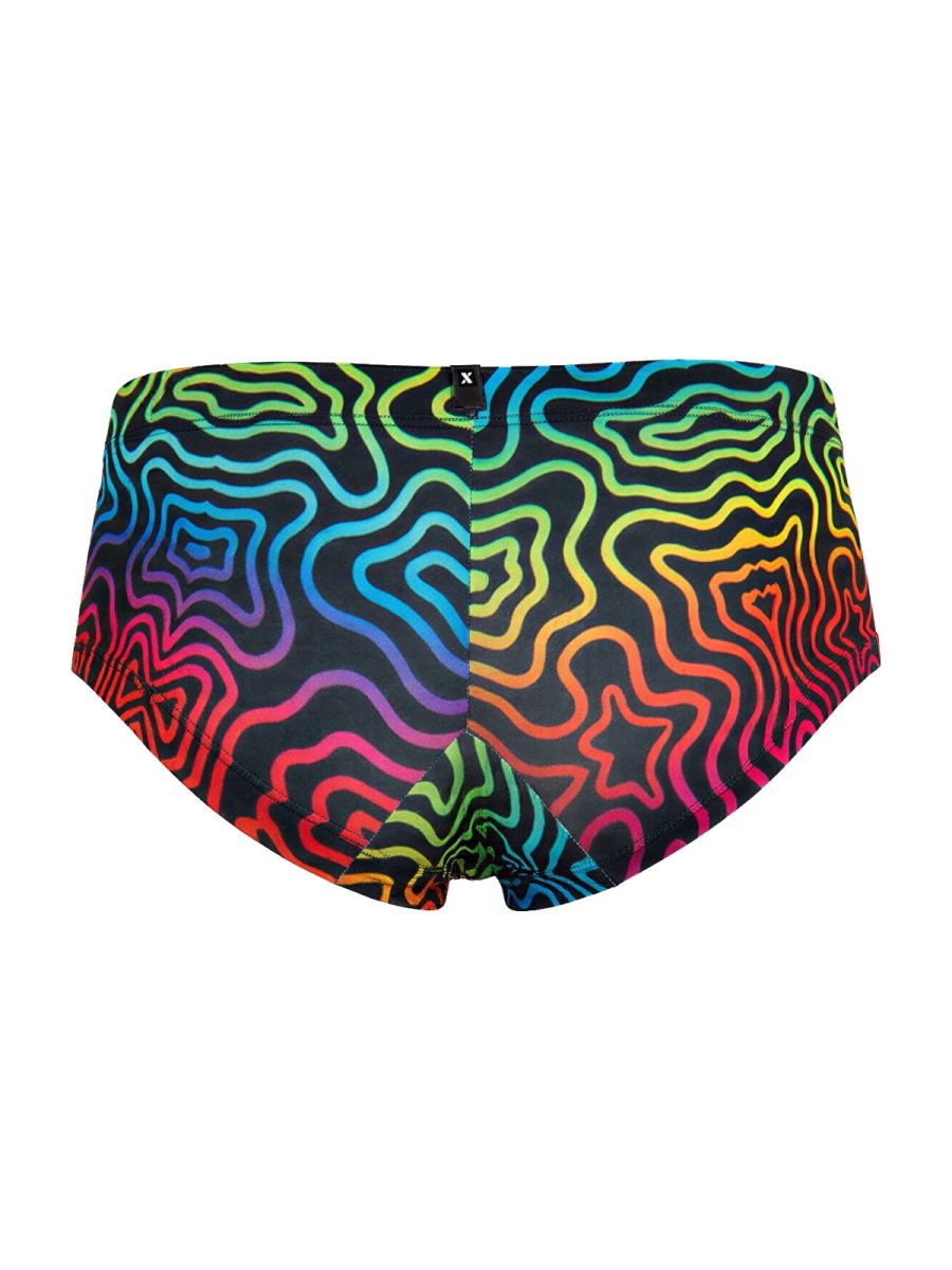 Colorful rainbow printed microfiber brief by CITYBOYZ USA, featuring vibrant labyrinth design and comfortable fit.