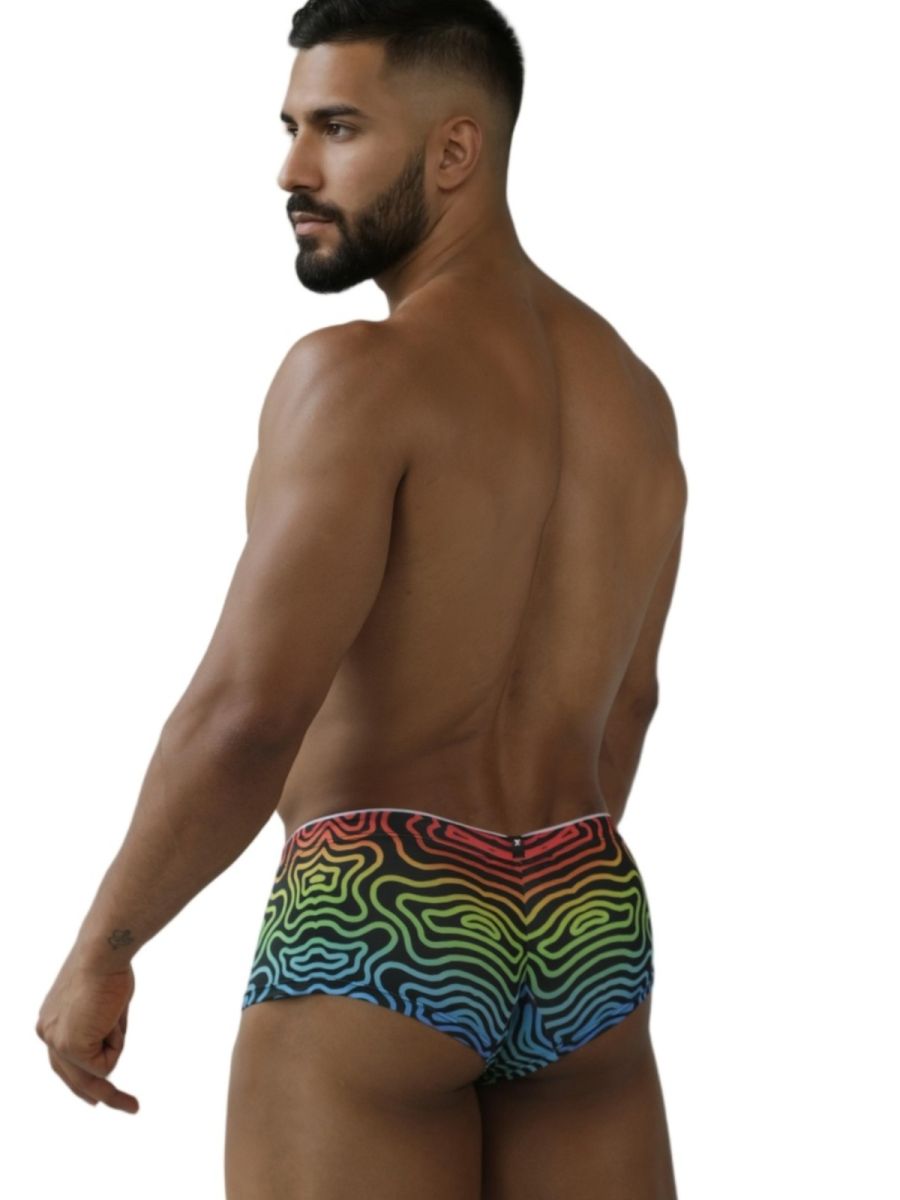 Colorful rainbow printed microfiber brief by CITYBOYZ★USA, featuring a snug fit and vibrant labyrinth design.