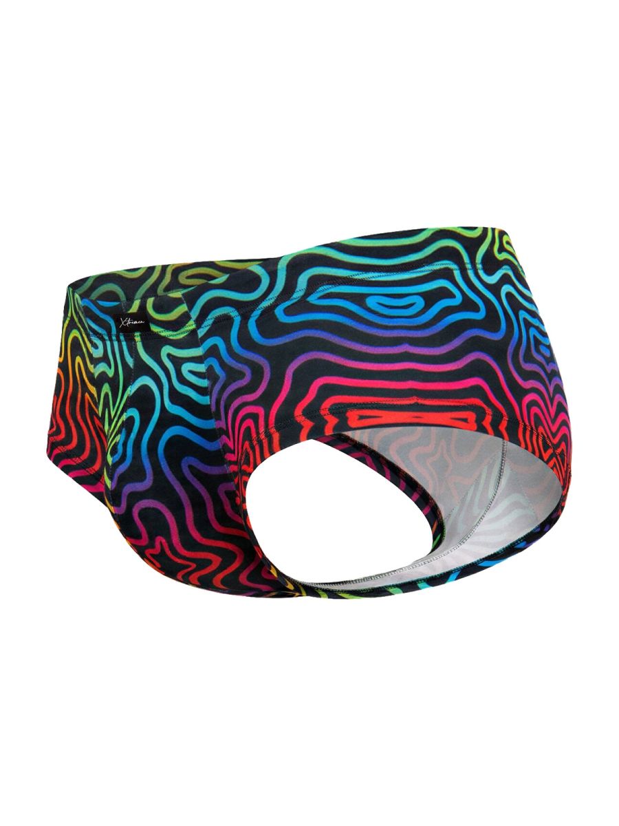 Rainbow printed microfiber brief by CITYBOYZ USA, featuring colorful labyrinth design and comfortable fit.