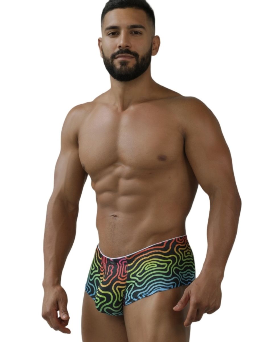 Colorful rainbow printed microfiber men's briefs by CITYBOYZ★USA, featuring a comfortable fit and vibrant labyrinth design.