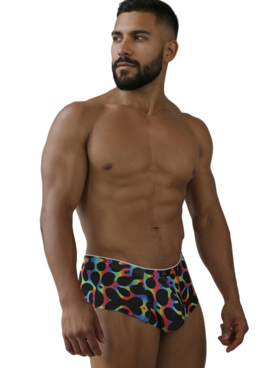 Colorful rainbow printed microfiber brief by CITYBOYZ★USA, featuring a fitted design and vibrant mushroom pattern.