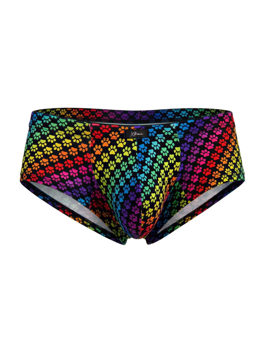 Rainbow printed microfiber brief by CITYBOYZ★USA featuring colorful paw print design and a comfortable, snug fit.