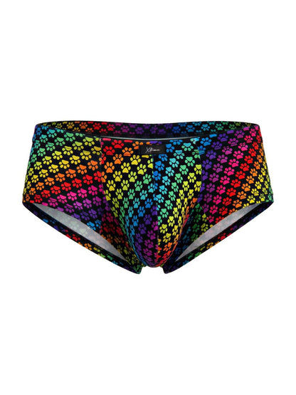 Rainbow printed microfiber brief by CITYBOYZ★USA featuring colorful paw print design and a comfortable, snug fit.