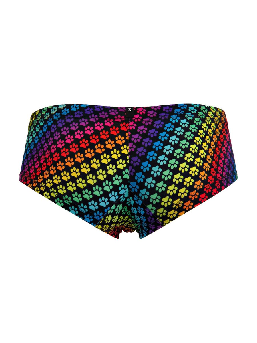 Rainbow printed microfiber brief by CITYBOYZ★USA featuring colorful paw print design, close-up view of the waistband and vibrant pattern.