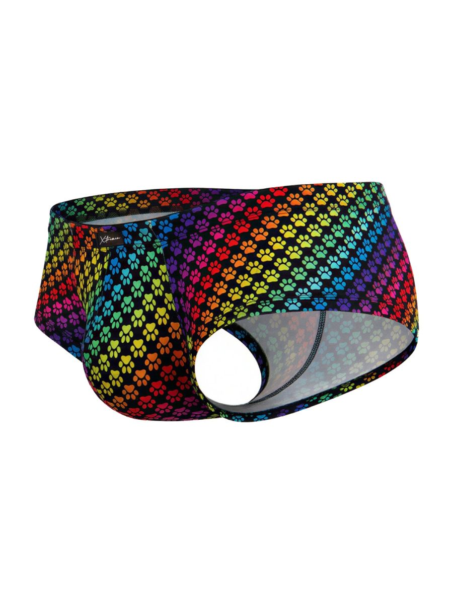 Colorful rainbow printed microfiber brief by CITYBOYZ★USA featuring a paw print design on the front.