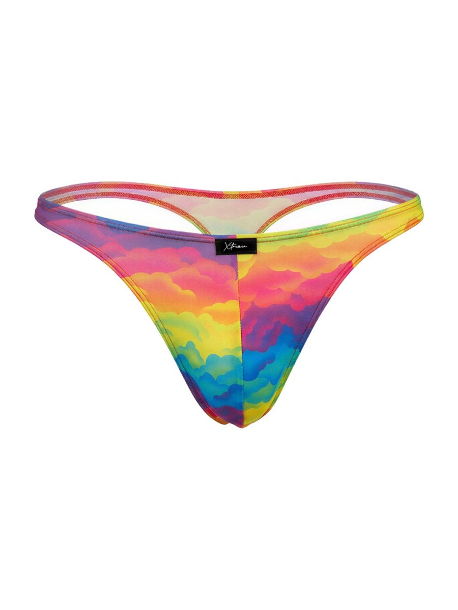CityBOYZ★USA Xtremen rainbow printed microfiber thong with colorful cloud design, showcasing a comfortable, stylish men's underwear.