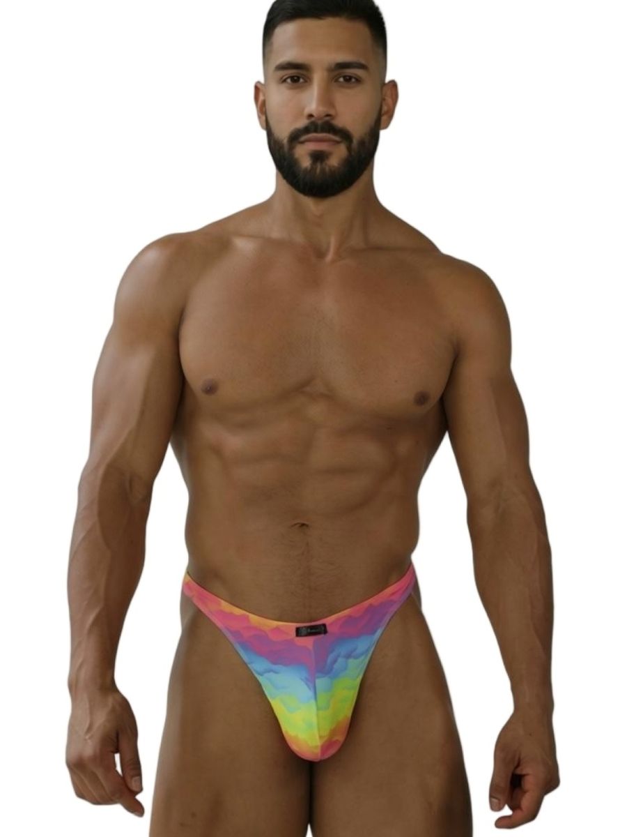 CityBOYZ USA Xtremen rainbow printed microfiber thong with colorful cloud pattern, showcasing its sleek design and vibrant print.