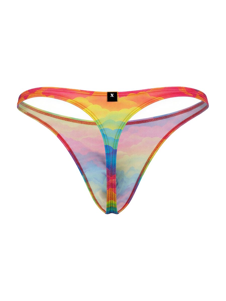 CityBOYZ USA Xtremen rainbow printed microfiber thong with cloud design, featuring a sleek fit and vibrant multicolor pattern.