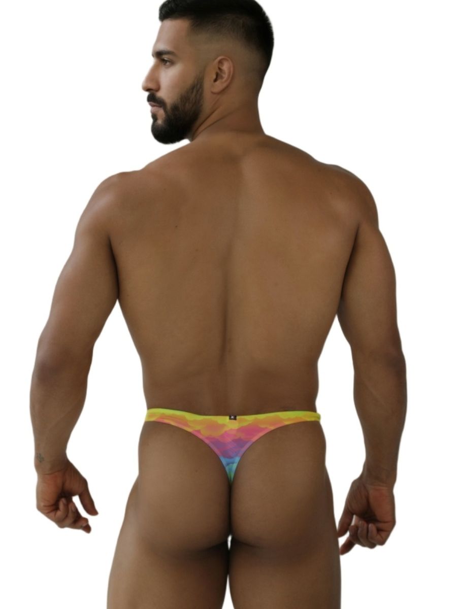 Rainbow printed microfiber thong by CITYBOYZ USA featuring colorful cloud design and a minimal, breathable fit.