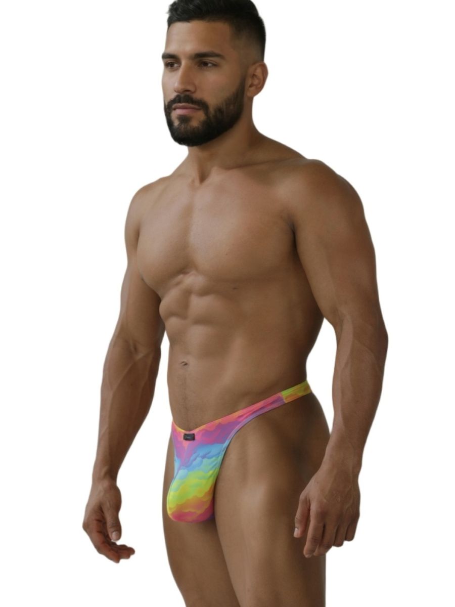 Rainbow print microfiber thong by CITYBOYZ★USA, featuring a colorful, lightweight design and minimal coverage.