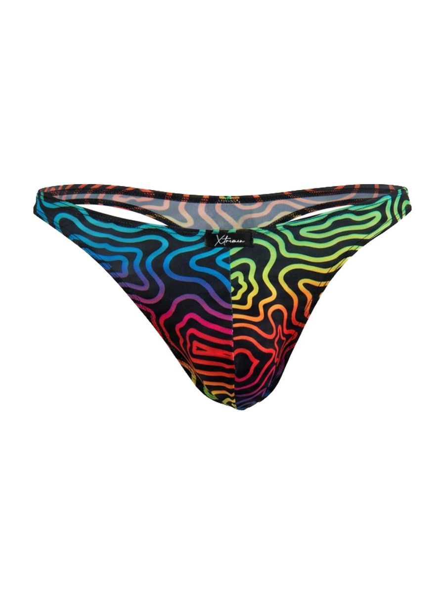 CityBoyz USA Xtremen rainbow printed microfiber thong with labyrinth pattern, showcasing vibrant colors and sleek fit.