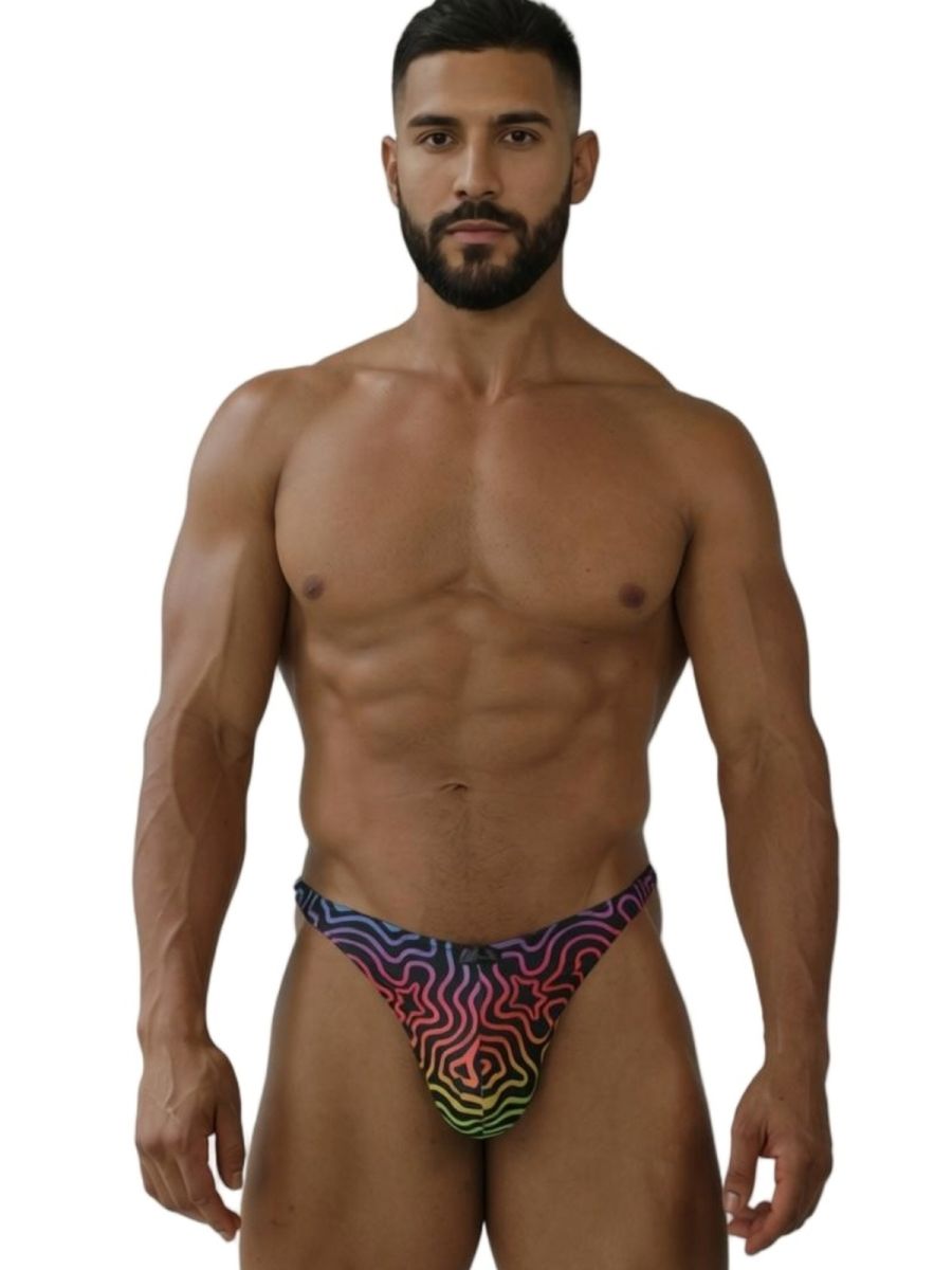 Rainbow printed microfiber thong by CITYBOYZ★USA, featuring colorful labyrinth pattern and slim fit design.
