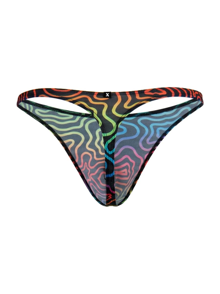CityBOYZ USA Xtremen rainbow printed microfiber thong with labyrinth design, showcasing vibrant colors and sleek fit.