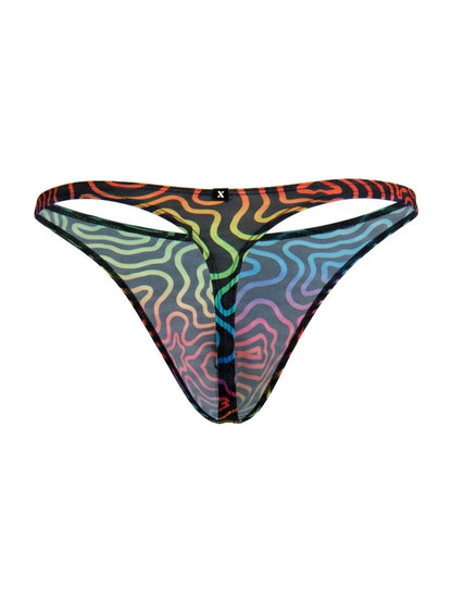 CityBOYZ USA Xtremen rainbow printed microfiber thong with labyrinth design, showcasing vibrant colors and sleek fit.