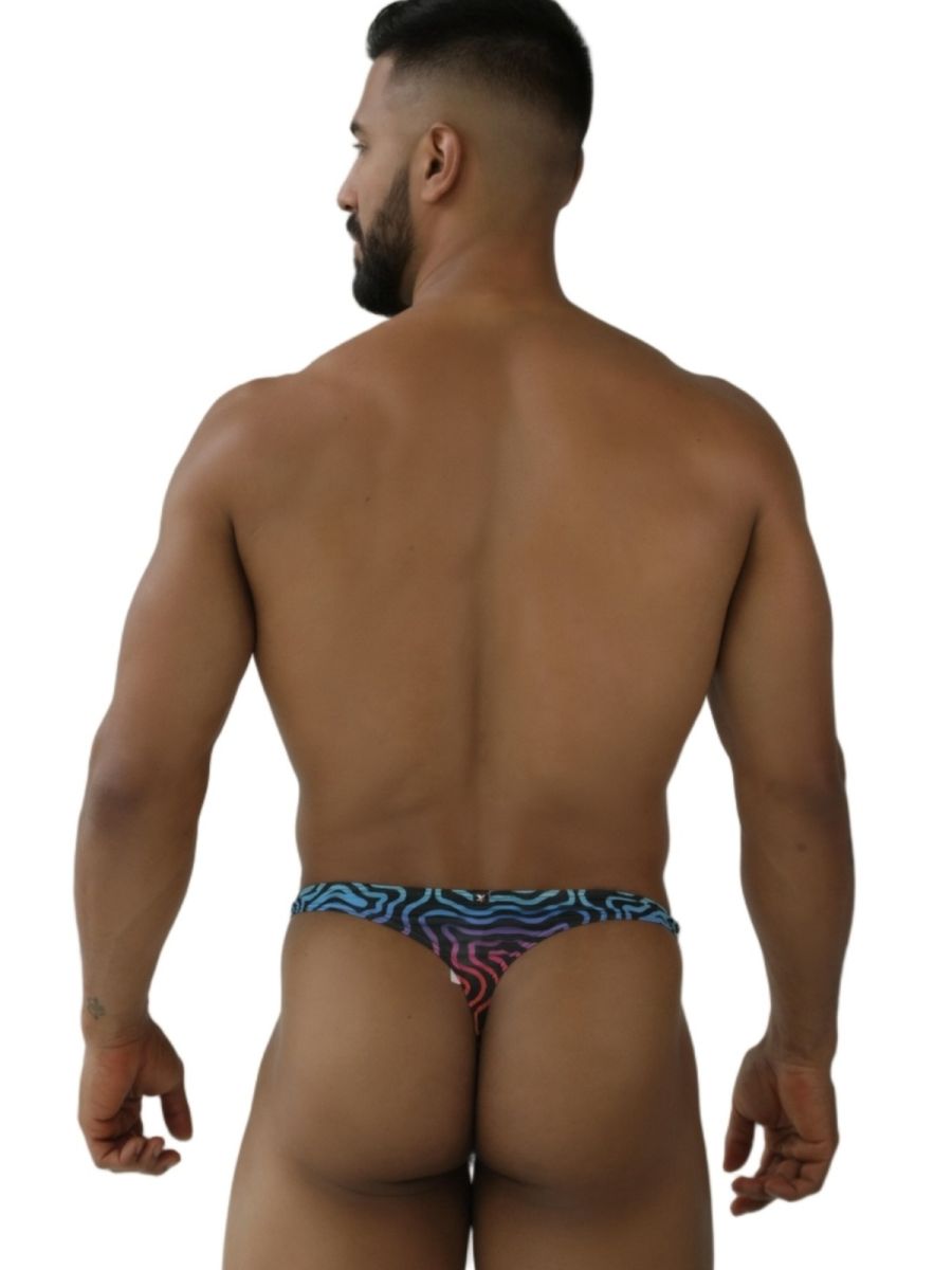 CityBOYZ USA Xtremen rainbow printed microfiber thong with labyrinth design, featuring vibrant colors and a sleek, minimal fit.
