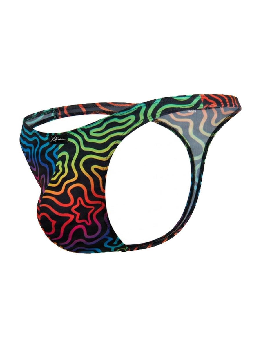 CityBOYZ USA Xtremen rainbow printed microfiber thong with labyrinth design, featuring vibrant colors and slim fit.