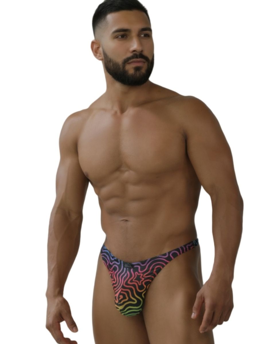 Rainbow printed microfiber thong by CITYBOYZ★USA, featuring a colorful labyrinth design and minimal coverage.