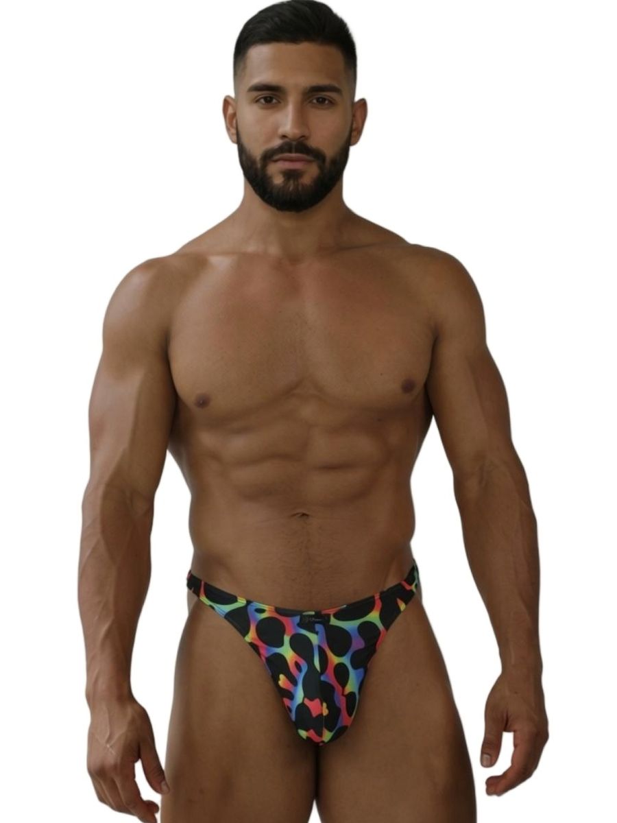 Rainbow printed microfiber thong from CITYBOYZ★USA with a sleek, fitted design and colorful mushroom pattern.