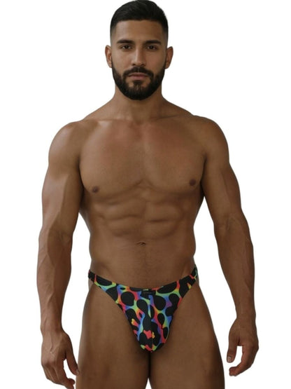 Rainbow printed microfiber thong from CITYBOYZ★USA with a sleek, fitted design and colorful mushroom pattern.