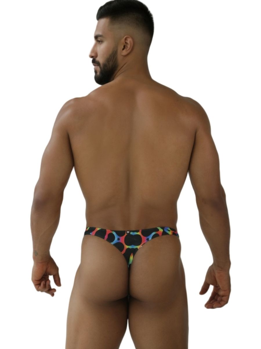 CITYBOYZ★USA Xtremen rainbow printed microfiber thong with mushroom pattern, showcasing vibrant colors and comfortable fit.
