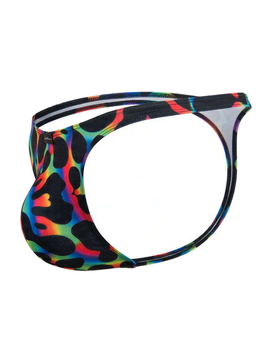 CityBOYZ USA Xtremen rainbow printed microfiber thong with mushroom pattern, showcasing vibrant colors and slim, comfortable fit.