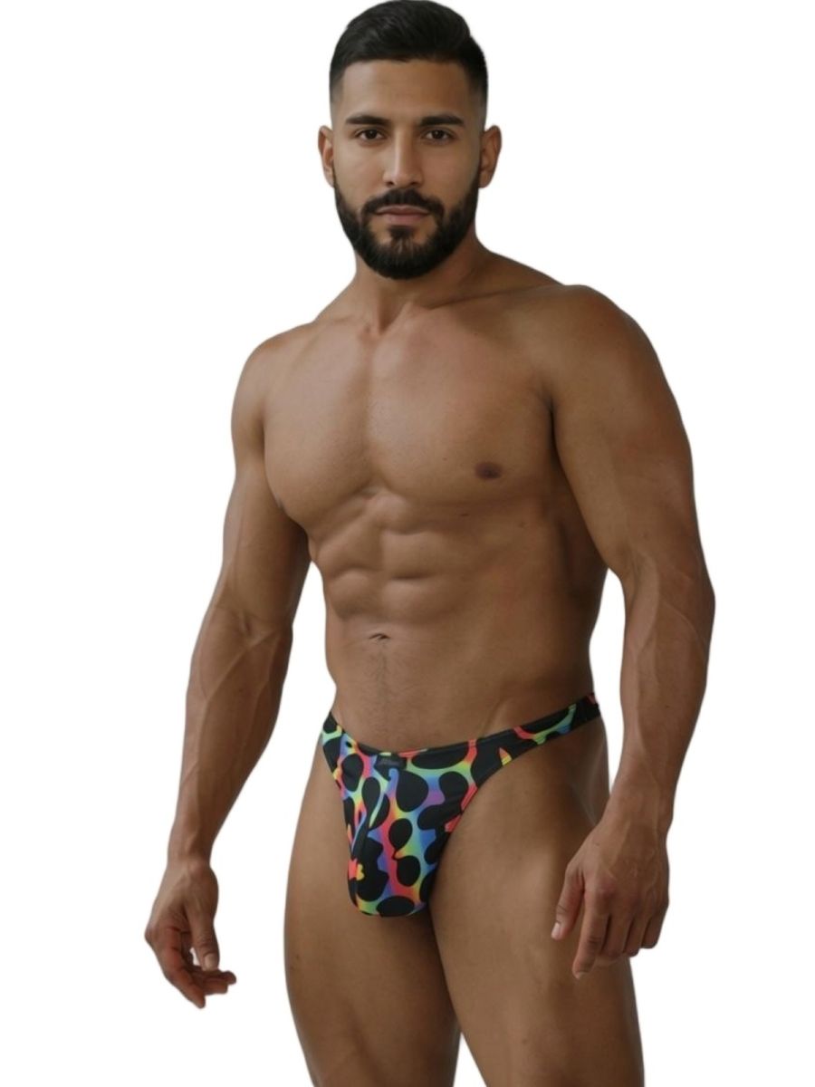 CITYBOYZ★USA Xtremen rainbow printed microfiber thong with mushroom design, featuring a sleek, comfortable fit and vibrant pattern.