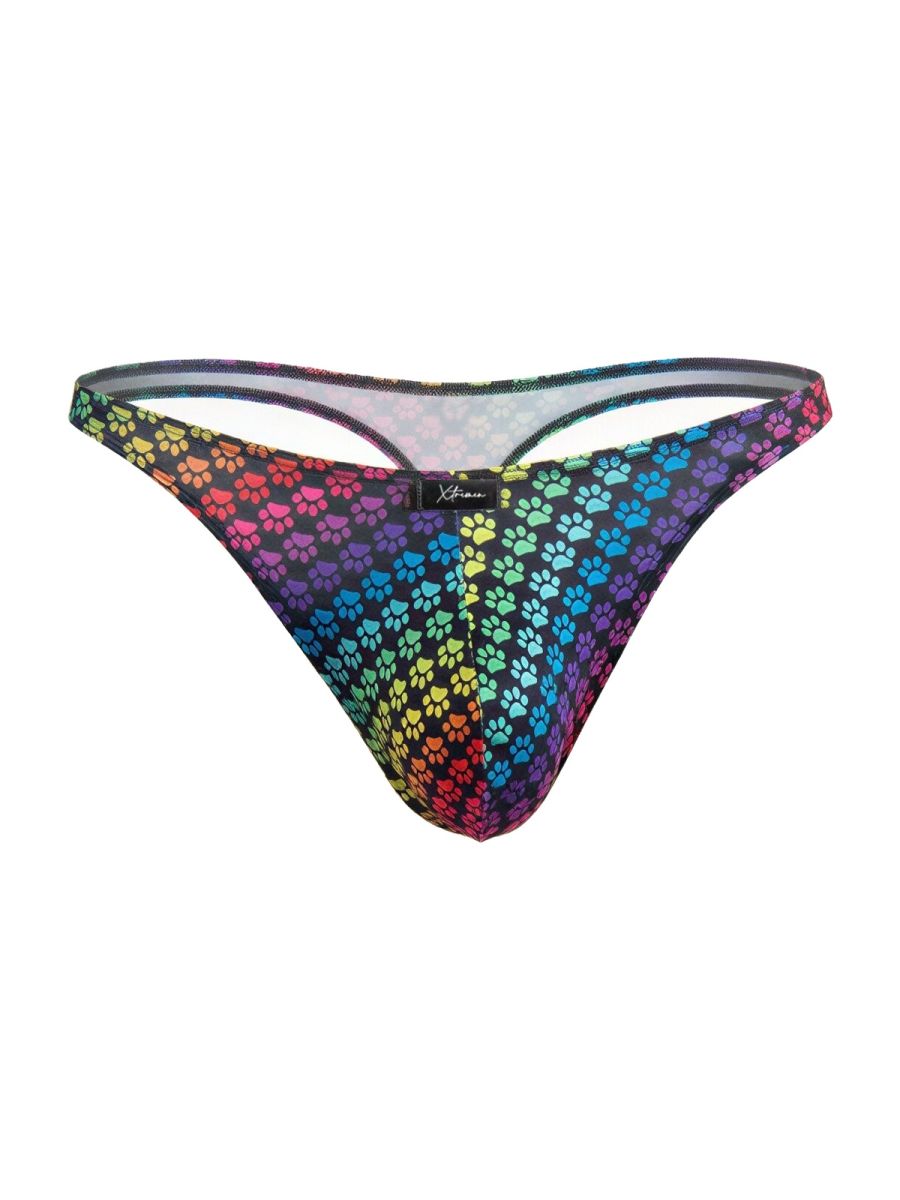 Rainbow printed microfiber thong by CITYBOYZ★USA featuring colorful pawprint design and slim fit.