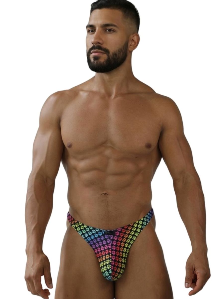Rainbow printed microfiber thong from CITYBOYZ★USA with pawprint design, featuring vibrant colors and smooth fabric.