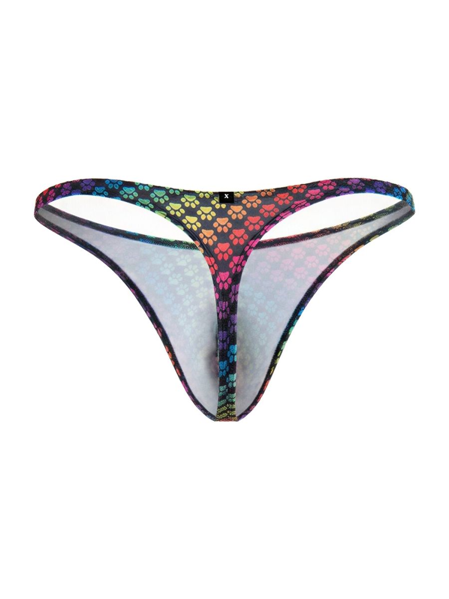 Rainbow printed microfiber thong by CITYBOYZ★USA featuring pawprint design, with vibrant colors and sleek fit.
